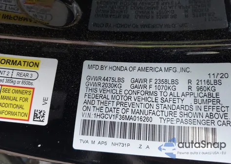 2021 Honda Accord Sport from USA, damaged, VIN 1HGCV1F36MA016260